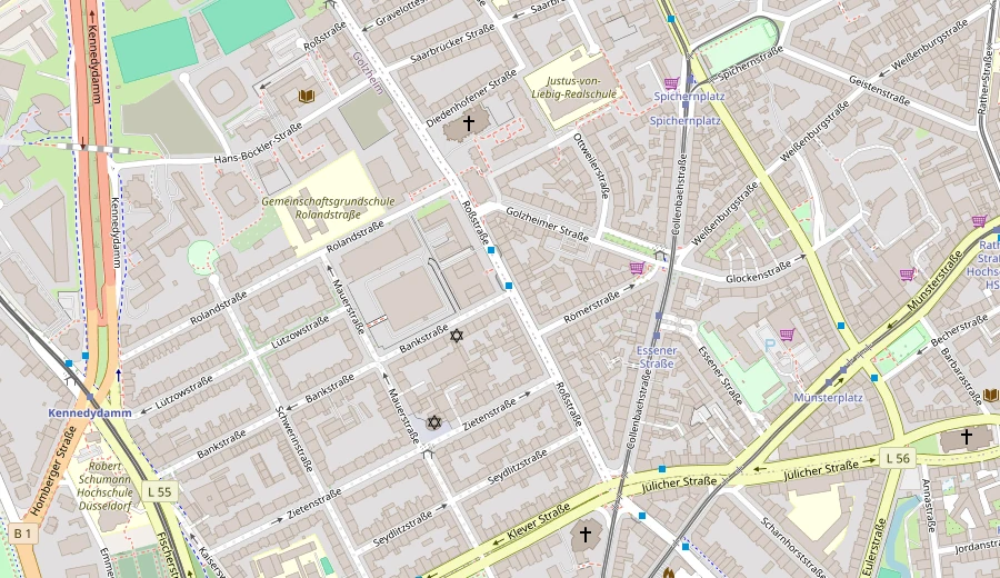 Karte von Düsseldorf-Derendorf mit der Musikschule Rasselband in der Römerstraße 14